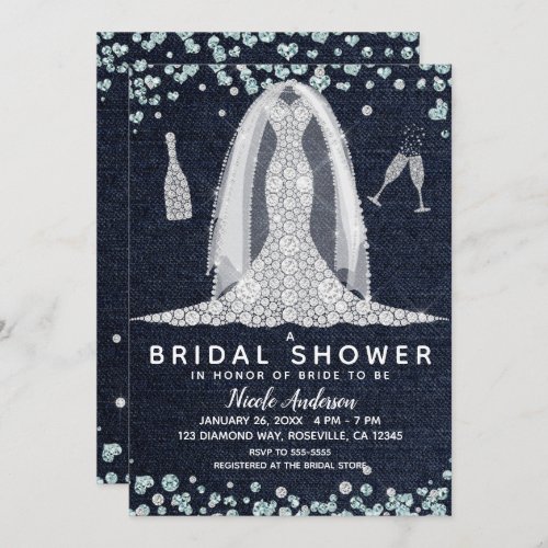 Denim  Diamonds Wedding Dress Bridal Shower Glam Invitation