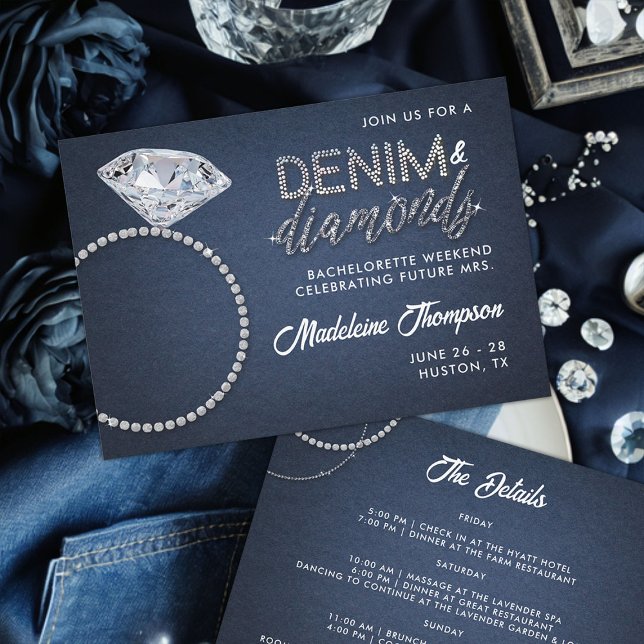 Denim Diamonds Wedding Ring Bachelorette Itinerary Invitation (denim and diamonds bachelorette party weekend invitation classy diamond ring itinerary)