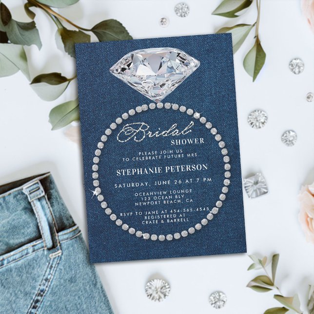 Denim Diamonds Wedding Ring Elegant Bridal Shower Invitation (denim and diamonds bridal shower invitation big sparkler ring classy stylish chic modern romantic)
