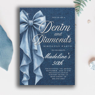 Denim Diamonds White Blue Bow Glam 50th Birthday Invitation