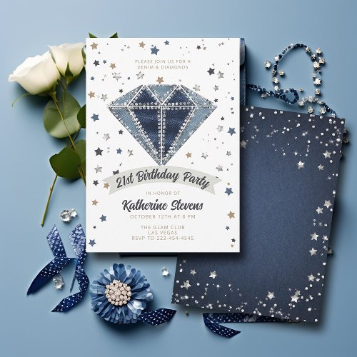 Denim Diamonds White Blue Glitter 21st Birthday Invitation