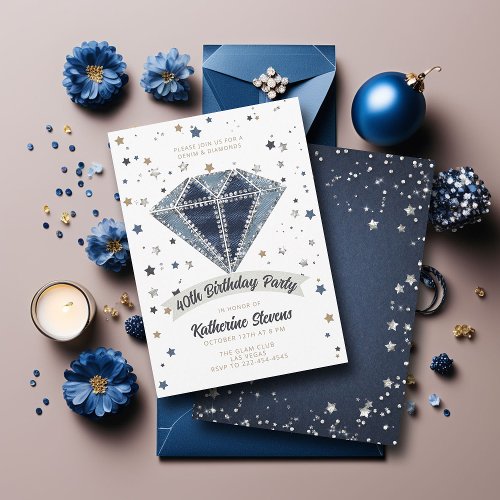 Denim Diamonds White Blue Glitter 40th Birthday Invitation