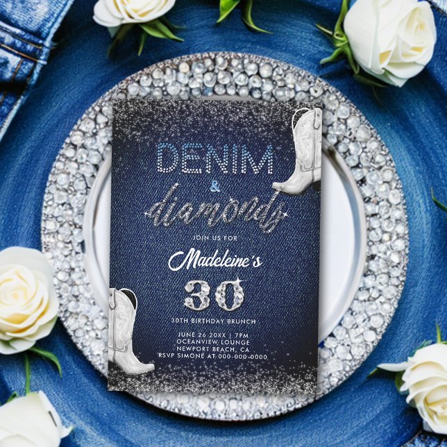 Denim Diamonds White Boots Brunch 30th Birthday Invitation (denim and diamonds 30th birthday invitation for women cowgirl chic boots classy modern elegant)