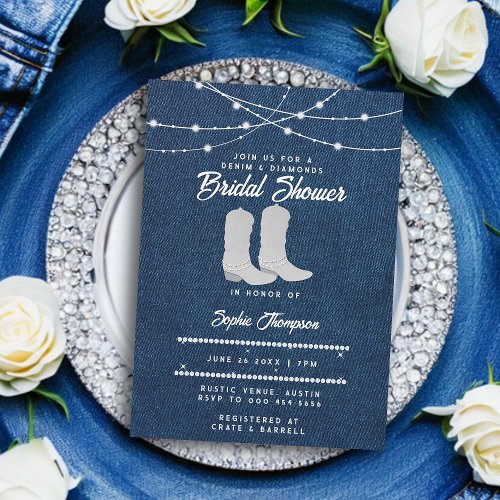 Denim Diamonds White Boots Lights Bridal Shower Invitation