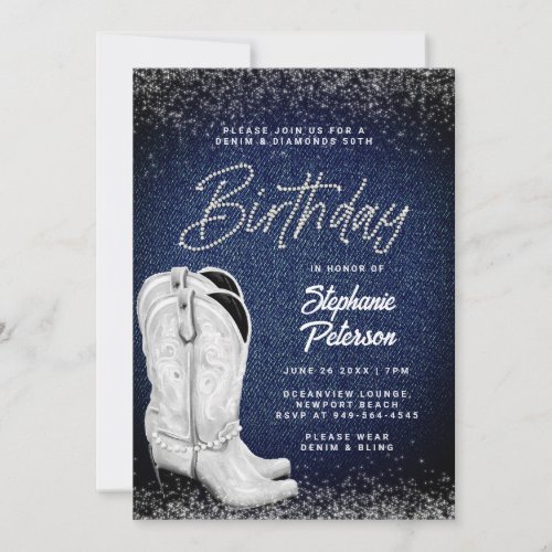Denim Diamonds White Cowgirl Boots 50th Birthday Invitation