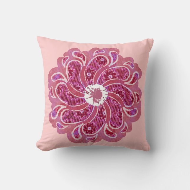 Denim effect and red pink flower pillow (Front)