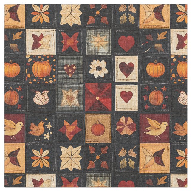 Denim Folk Art Quilt Pattern | Rustic Autumn Patch Fabric (Close Up)