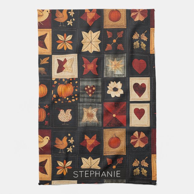 Denim Folk Art Quilt Pattern | Rustic Autumn Patch Kitchen Towel (Vertical)