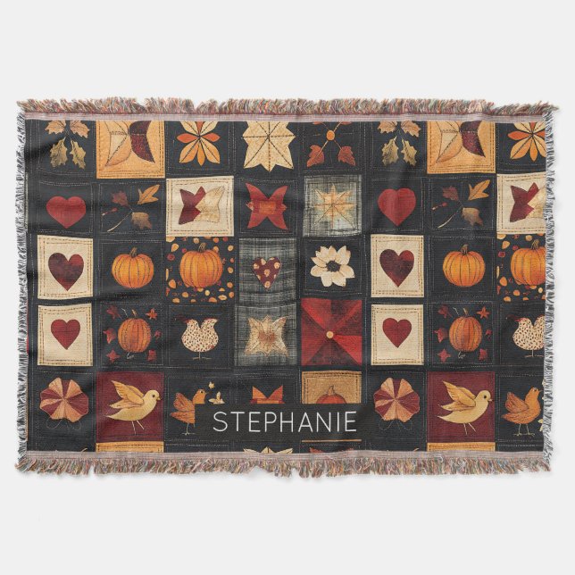 Denim Folk Art Quilt Pattern | Rustic Autumn Patch Throw Blanket (Front)