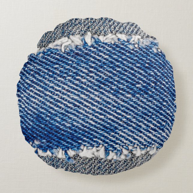Denim frame. Ripped denim fabric with fringe edge  Round Pillow (Front)
