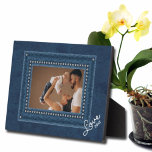 Denim Frameless Family Photo Easel Back Plaque<br><div class="desc">A faux crystal studded blue jean frame on a deep denim background with any wording in chic lettering highlights your favorite photo. CHANGE wording,  fonts and font color,  too! Great as a gift or to display your favorite photo in your own home. **VERTICAL template available in our store.</div>