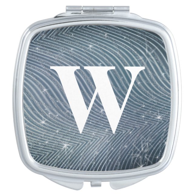 Denim Grey Blue White Wedding Glitter Monogram Compact Mirror (Front)