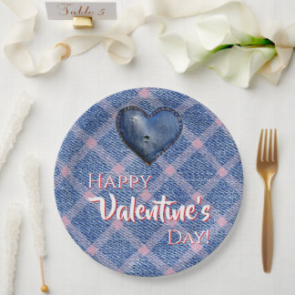 Denim Heart Valentine's Day Party Plaid  Paper Plates