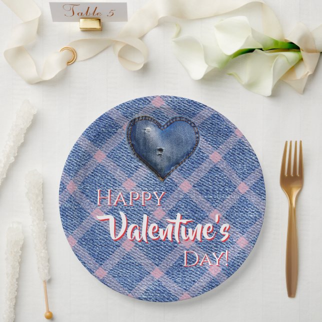 Denim Heart Valentine's Day Party Plaid  Paper Plates (Wedding)