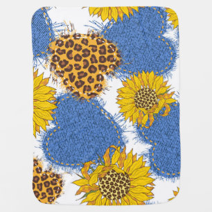 Denim Hearts Leopard Sunflowers Pattern Baby Blanket