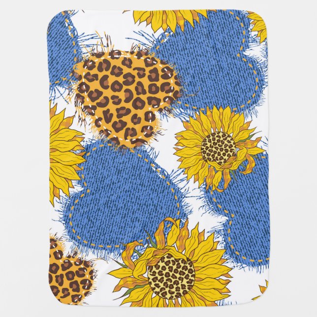 Denim Hearts Leopard Sunflowers Pattern Baby Blanket (Front)
