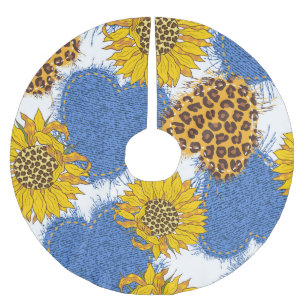 Denim Hearts Leopard Sunflowers Pattern Brushed Polyester Tree Skirt