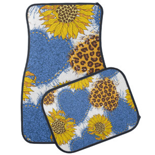 Denim Hearts Leopard Sunflowers Pattern Car Floor Mat