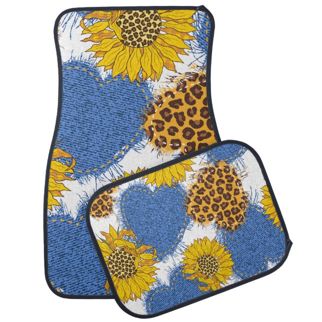 Denim Hearts Leopard Sunflowers Pattern Car Floor Mat (Set)