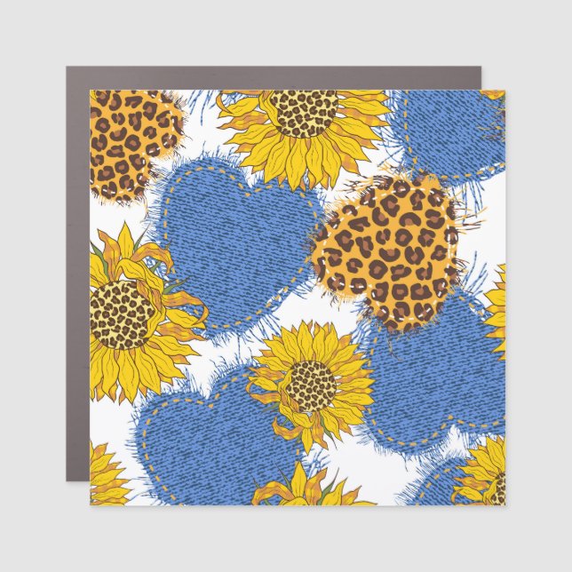 Denim Hearts Leopard Sunflowers Pattern Car Magnet (Front)