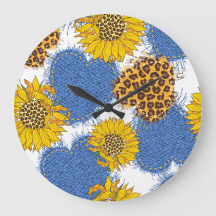 Denim Hearts Leopard Sunflowers Pattern Large Clock