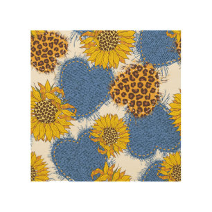 Denim Hearts Leopard Sunflowers Pattern Wood Wall Art
