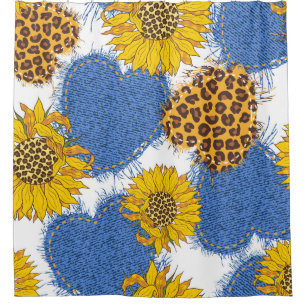 Denim hearts made of fabric with torn edges and le shower curtain