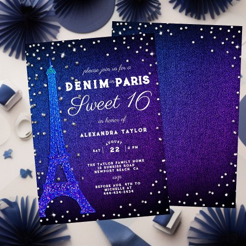 Denim in Paris Glitter Elegant Purple Sweet 16 Invitation