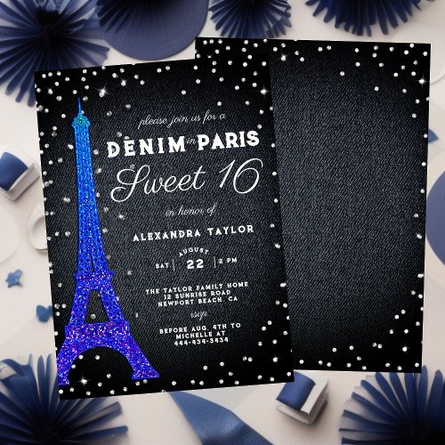 Denim in Paris Glitter Minimalist Rustic Sweet 16 Invitation