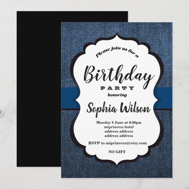 Denim Invitation , birthday party (Front/Back)