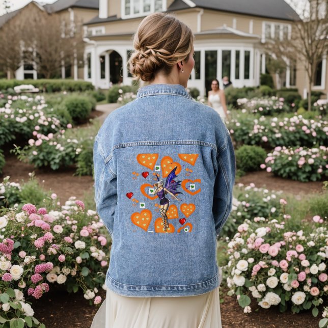 Denim Jacket Blue Orange Hearts Fairy  (Wedding Back)