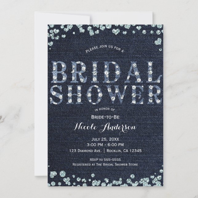 Denim Jean & Diamonds Bling Chic Bridal Shower Invitation (Front)