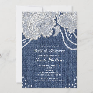 Denim Jean Pearls White Paisley Lace Bridal Shower Invitation