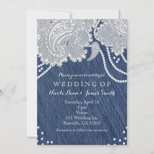 Denim Jean Pearls & White Paisley Lace Wedding  Invitation (Front)