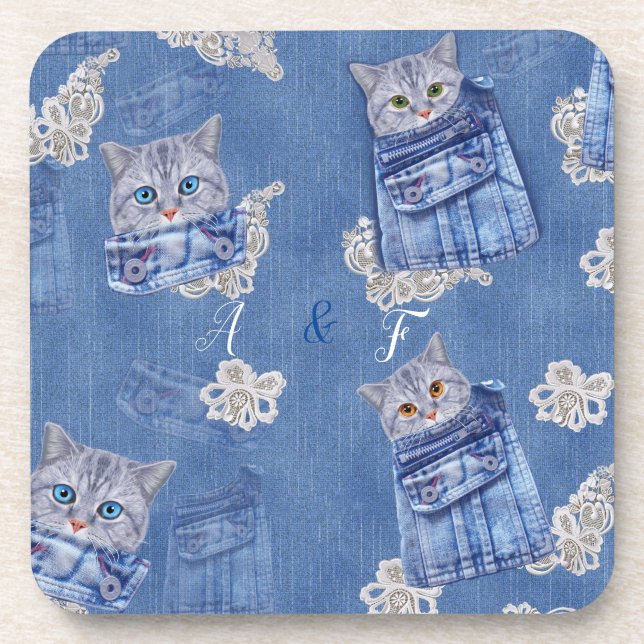 Denim Jean pockets,Kittens and Lace Beverage Coaster (Front)