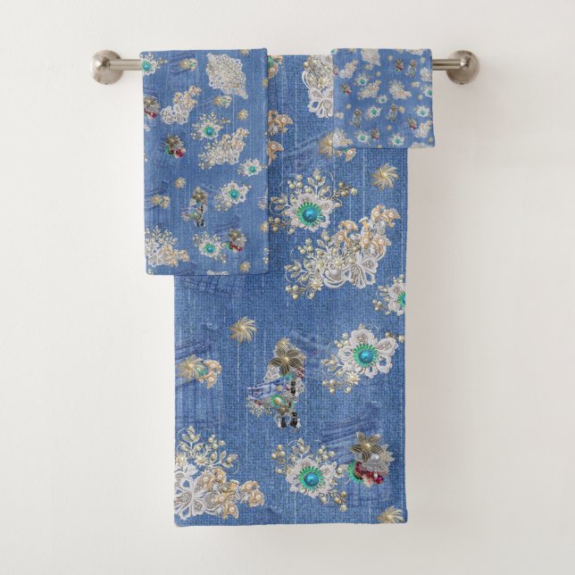 Denim Jean pockets,Kittens and Lace Repeat Pattern Bath Towel Set (Insitu)