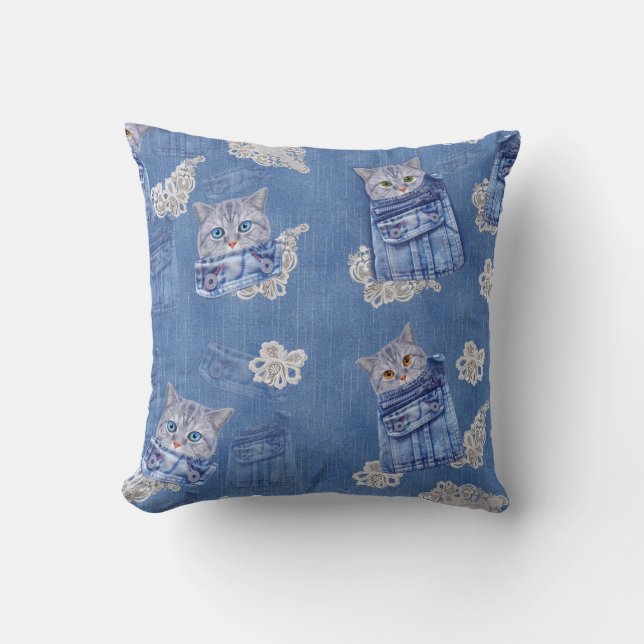Denim Jean pockets,Kittens and Lace Throw Pillow (Front)