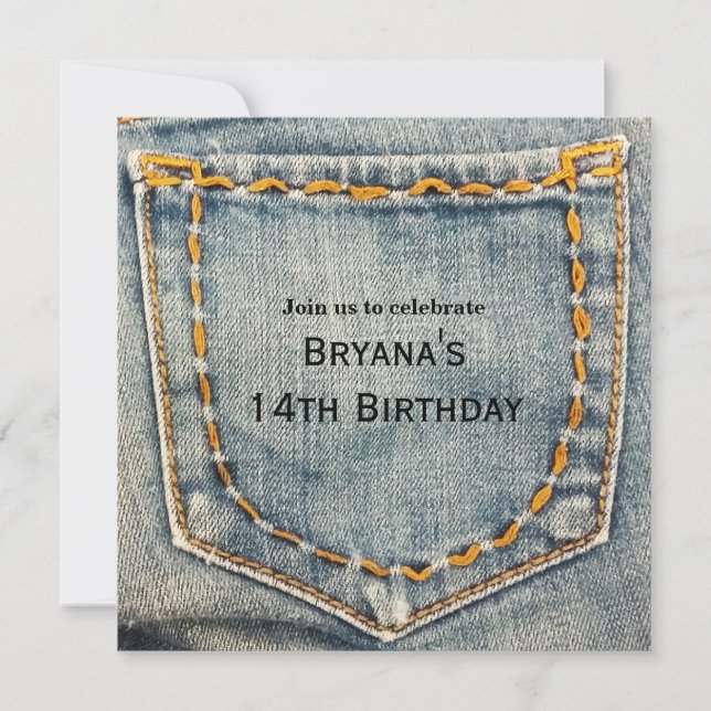 Denim Jean Stitched Pocket Birthday Party Invitation (Front)
