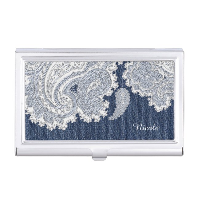 Denim Jean & White Lace Business Card Holder (Front)