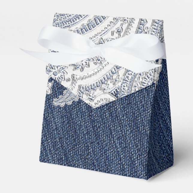 Denim Jean & White Lace Elegant Bridal Wedding Favor Boxes (Front Side)