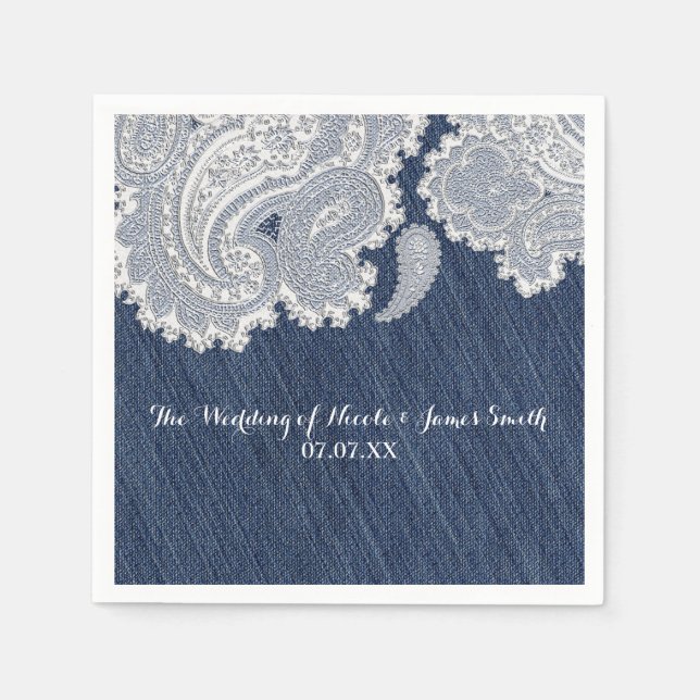 Denim Jean & White Lace Elegant Bridal Wedding Paper Napkins (Front)