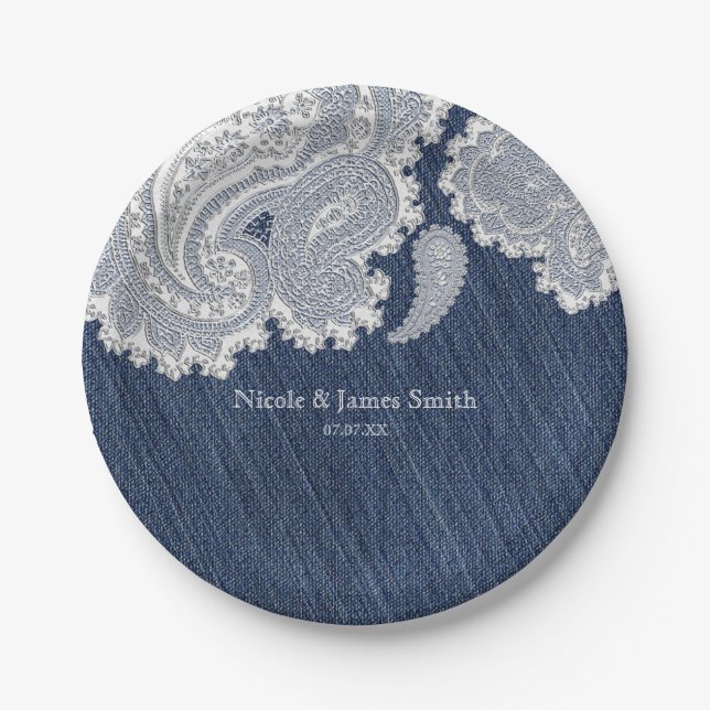 Denim Jean & White Lace Elegant Bridal Wedding Paper Plates (Front)