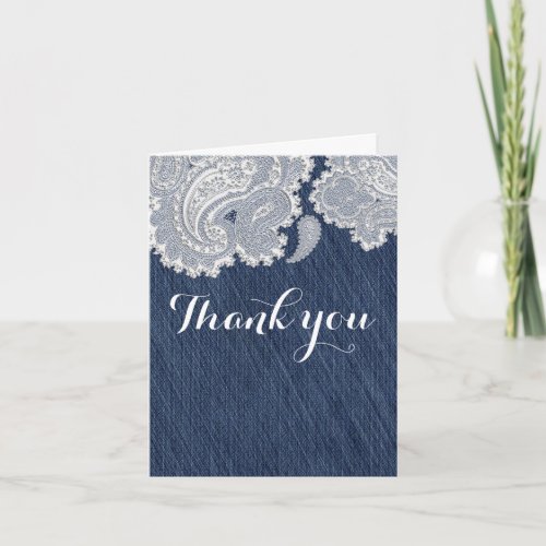 Denim Jean  White Lace Elegant Bridal Wedding Thank You Card