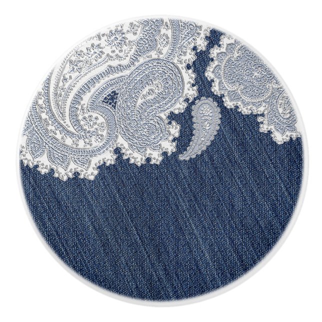 Denim Jean & White Lace Elegant Country Western Ceramic Knob (Front)