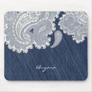 Denim Jean & White Lace Elegant Mouse Pad