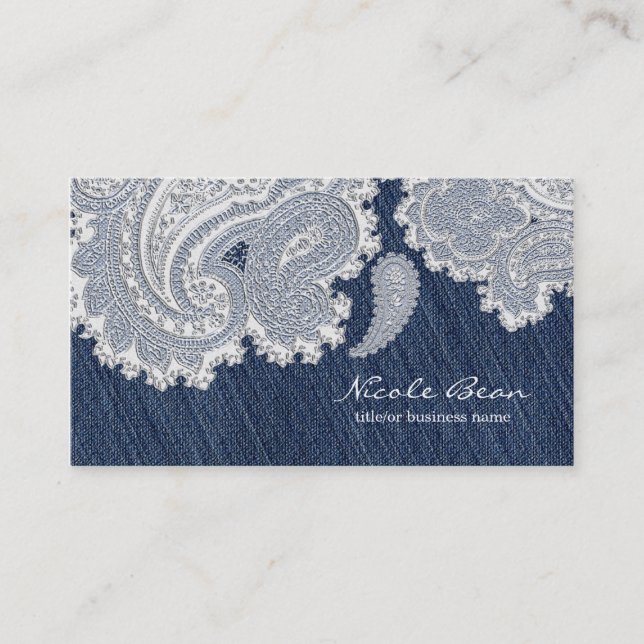 Denim Jean & White Lace Elegant Wedding Business Card (Front)