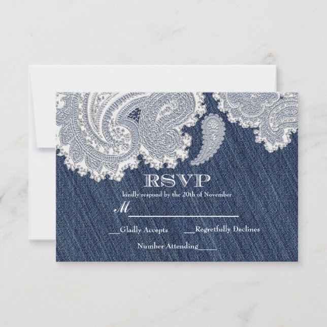 Denim Jean & White Lace Elegant Wedding RSVP Card (Front)