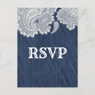 Denim Jean & White Lace Elegant Wedding RSVP Invitation Postcard