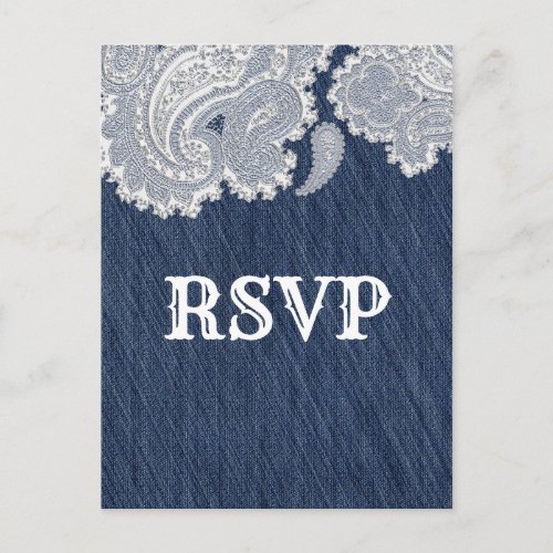 Denim Jean  White Lace Elegant Wedding RSVP Invitation Postcard