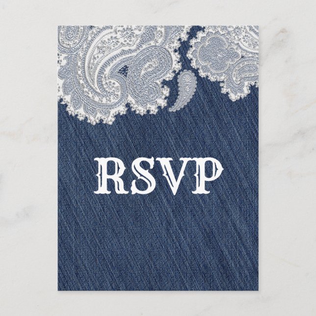 Denim Jean & White Lace Elegant Wedding RSVP Invitation Postcard (Front)